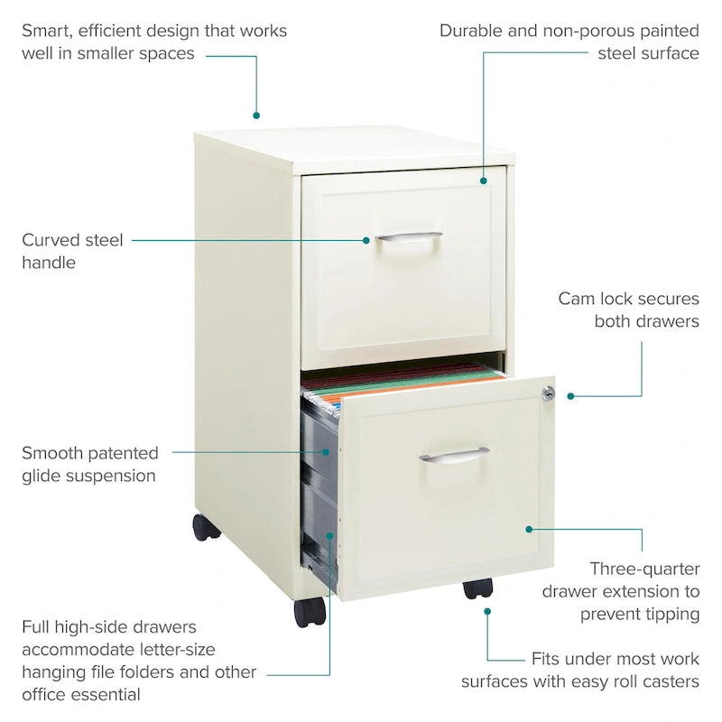 2-Drawer Mobile File Cabinet with Lock, Fits Under Desk