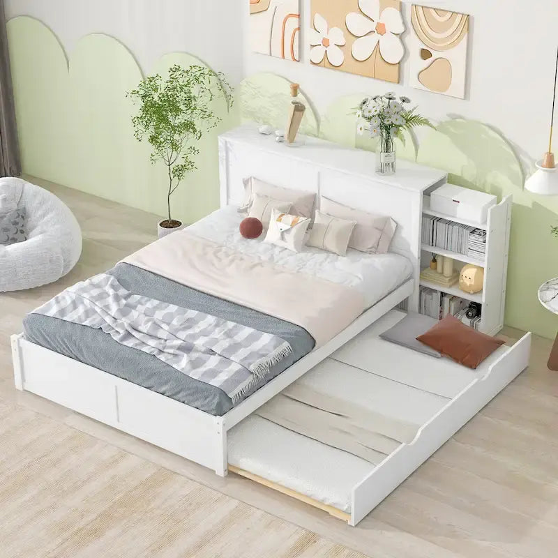 Queen Platform Bed with Pull-Out Storage Shelves and Trundle in White