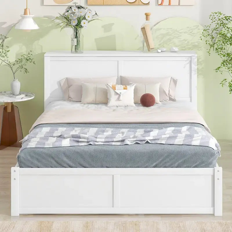 Queen Platform Bed with Pull-Out Storage Shelves and Trundle in White