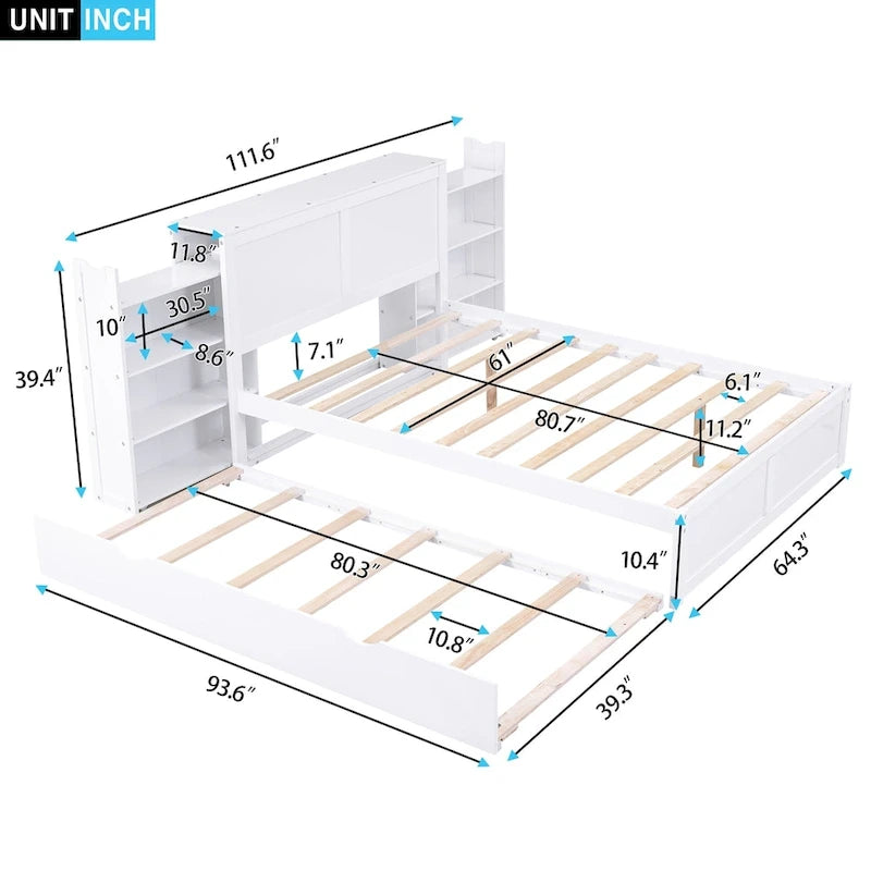 Queen Platform Bed with Pull-Out Storage Shelves and Trundle in White