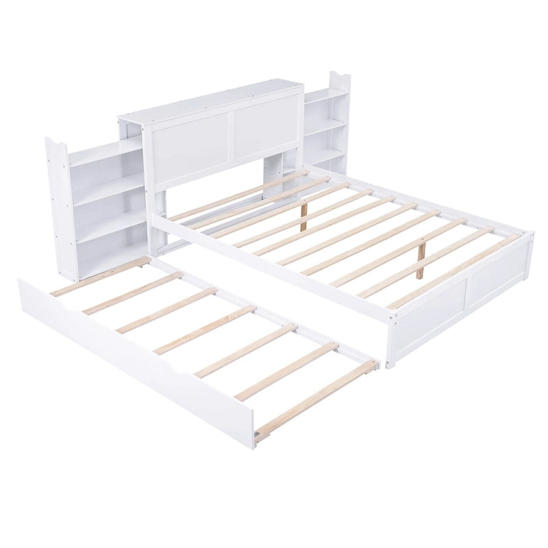 Queen Platform Bed with Pull-Out Storage Shelves and Trundle in White