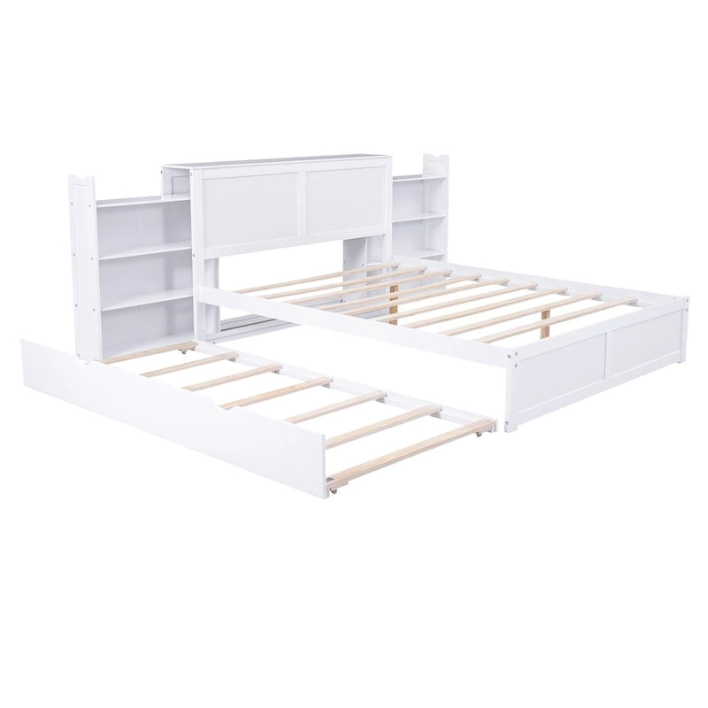 Queen Platform Bed with Pull-Out Storage Shelves and Trundle in White