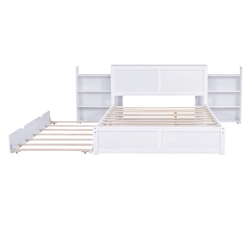 Queen Platform Bed with Pull-Out Storage Shelves and Trundle in White