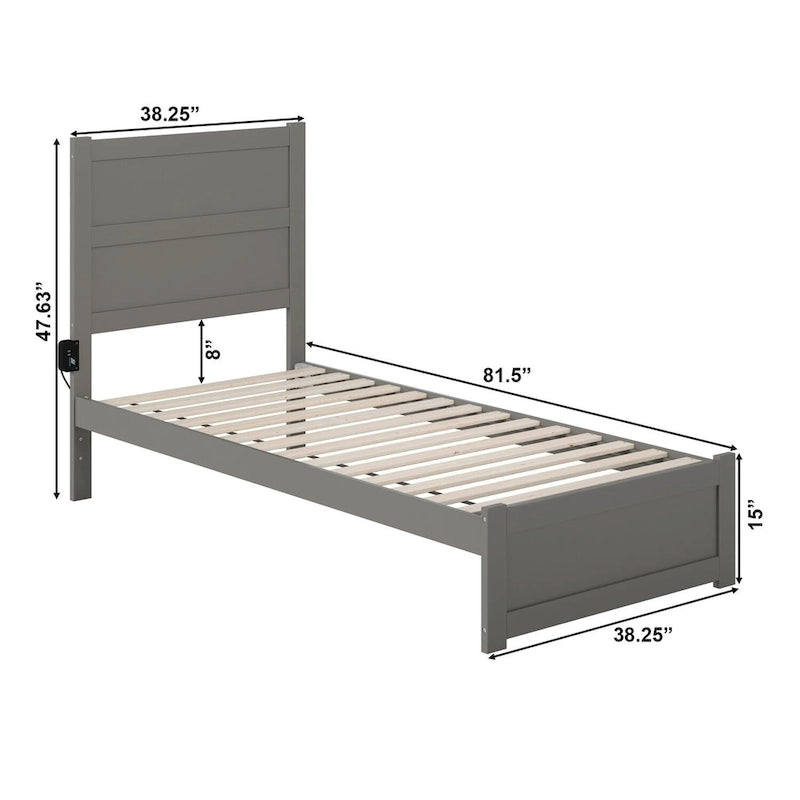 Plattformbett in Twin XL im Mid-Century-Modern-Stil mit Fußteil und integrierter Ladestation - Grau
