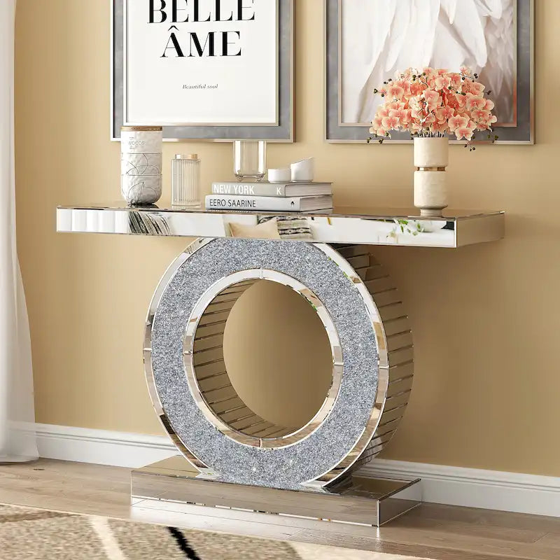 47" Mirrored Console Table with Geometric Hollow Ring Base