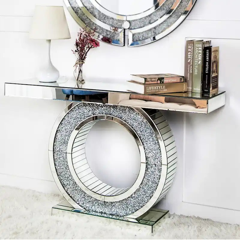 47" Mirrored Console Table with Geometric Hollow Ring Base