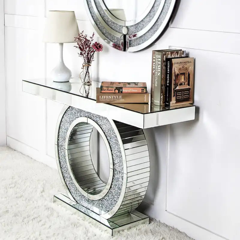 47" Mirrored Console Table with Geometric Hollow Ring Base