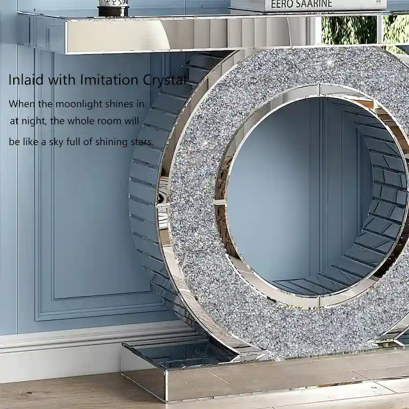 47" zrcadlový konzolový stolek s geometrickou dutou kruhovou podnoží