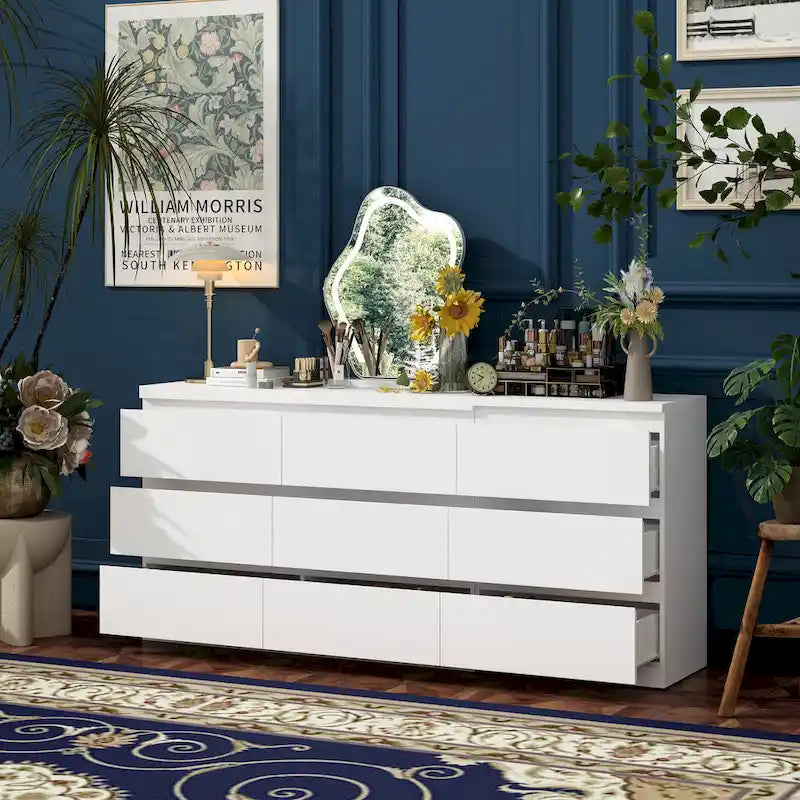 Extendable 9-Drawer Vanity Desk and Dresser in White