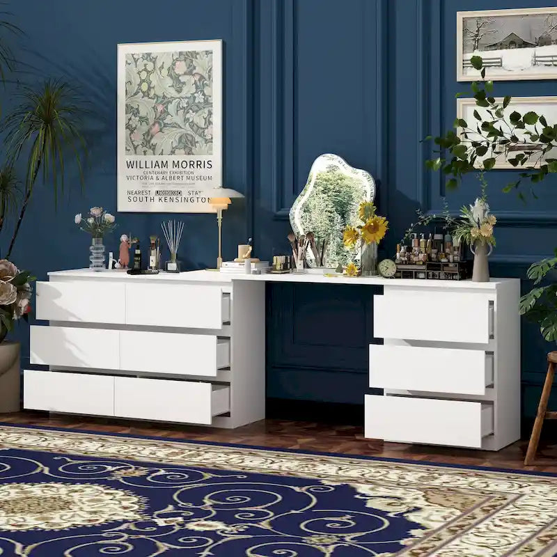 Extendable 9-Drawer Vanity Desk and Dresser in White