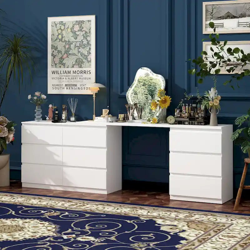 Extendable 9-Drawer Vanity Desk and Dresser in White