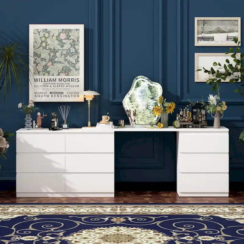 Extendable 9-Drawer Vanity Desk and Dresser in White