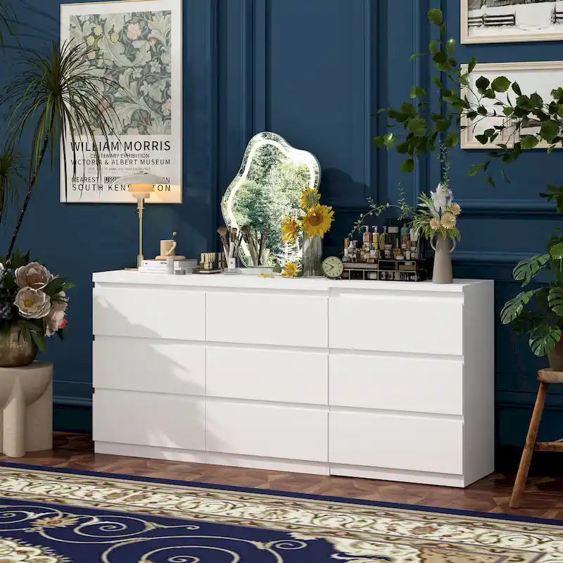 Extendable 9-Drawer Vanity Desk and Dresser in White