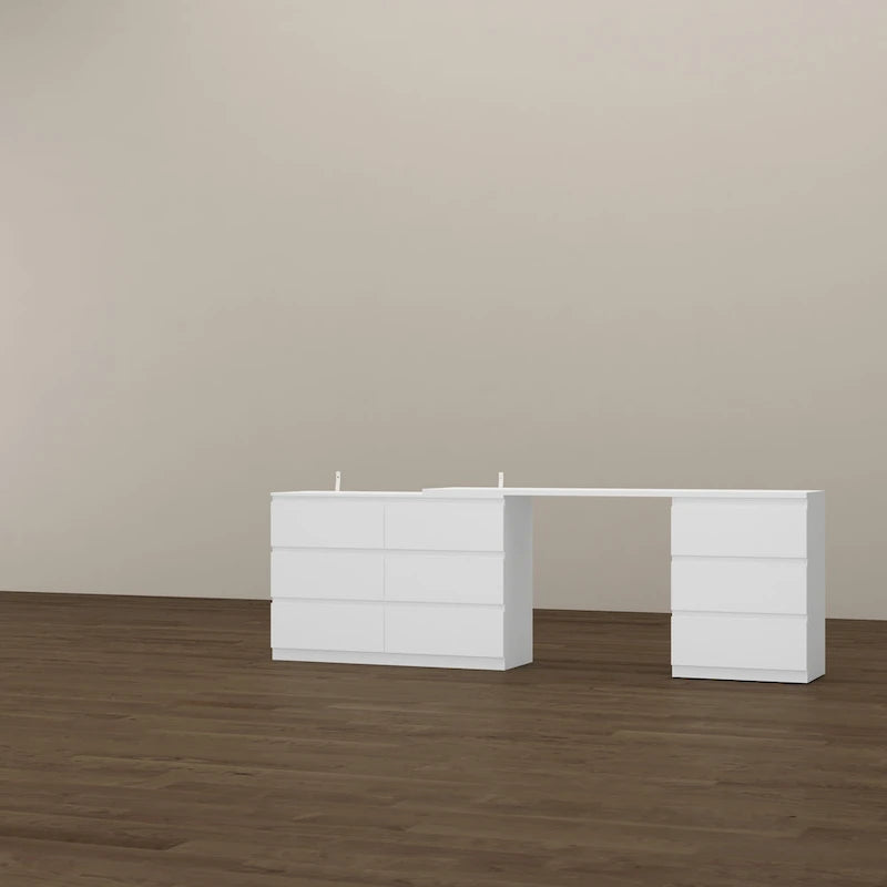Extendable 9-Drawer Vanity Desk and Dresser in White