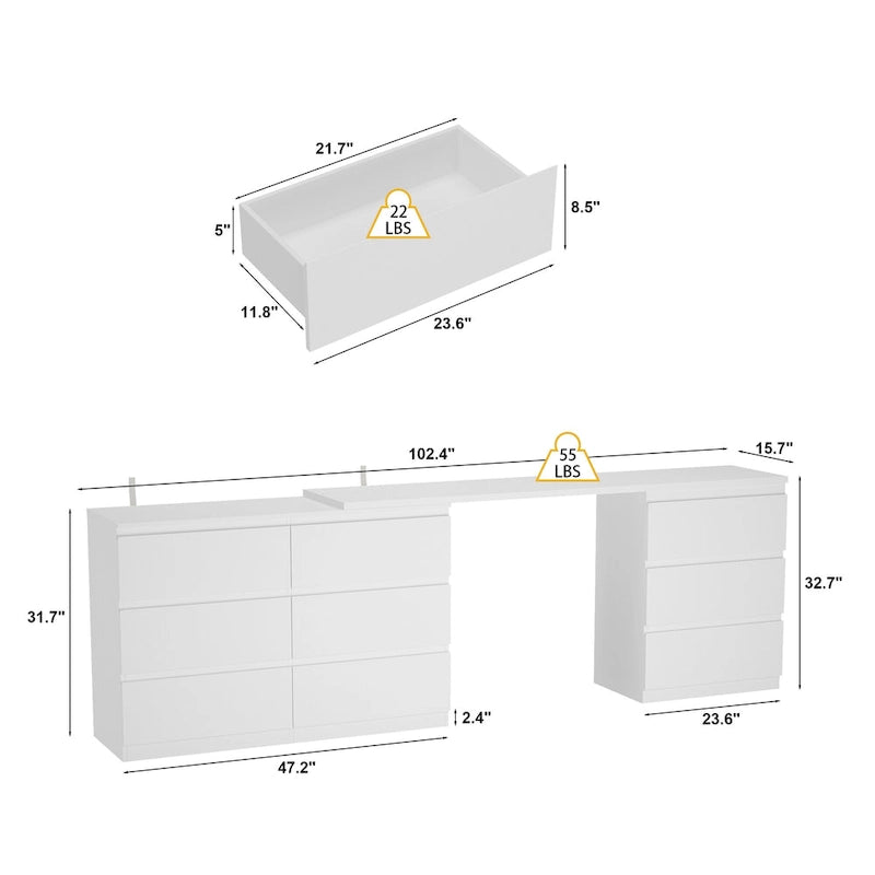 Extendable 9-Drawer Vanity Desk and Dresser in White