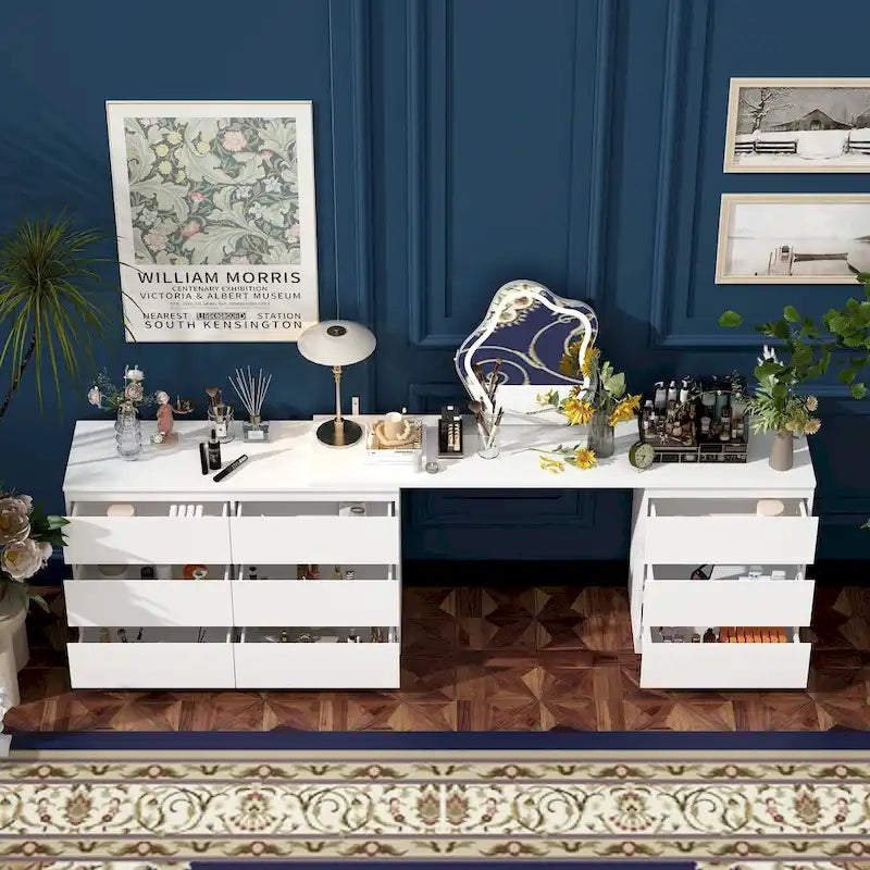 Extendable 9-Drawer Vanity Desk and Dresser in White