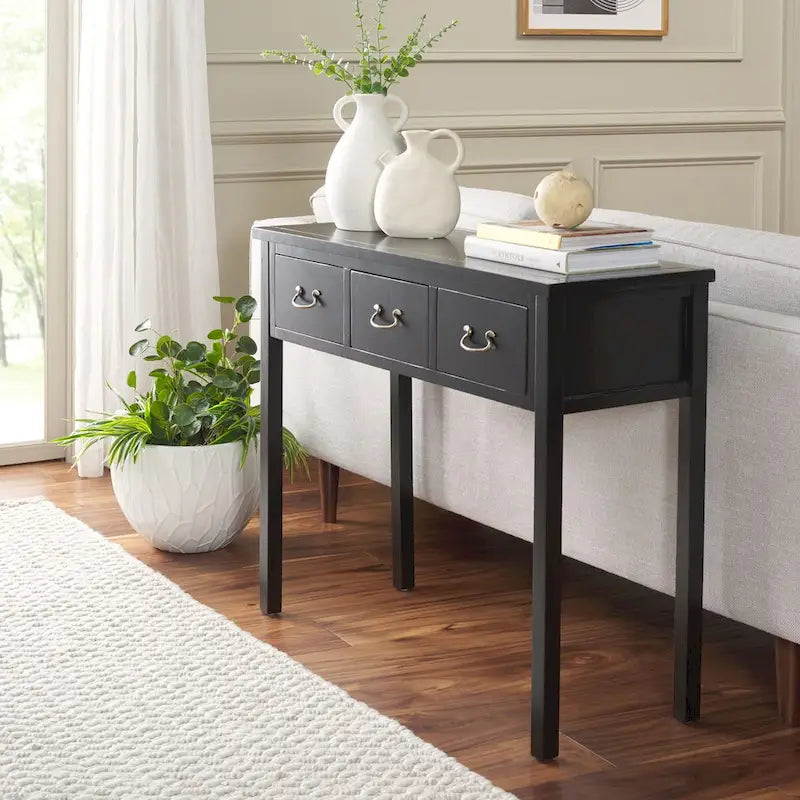 3-Drawer Elm Wood Console Table with Tapered Legs