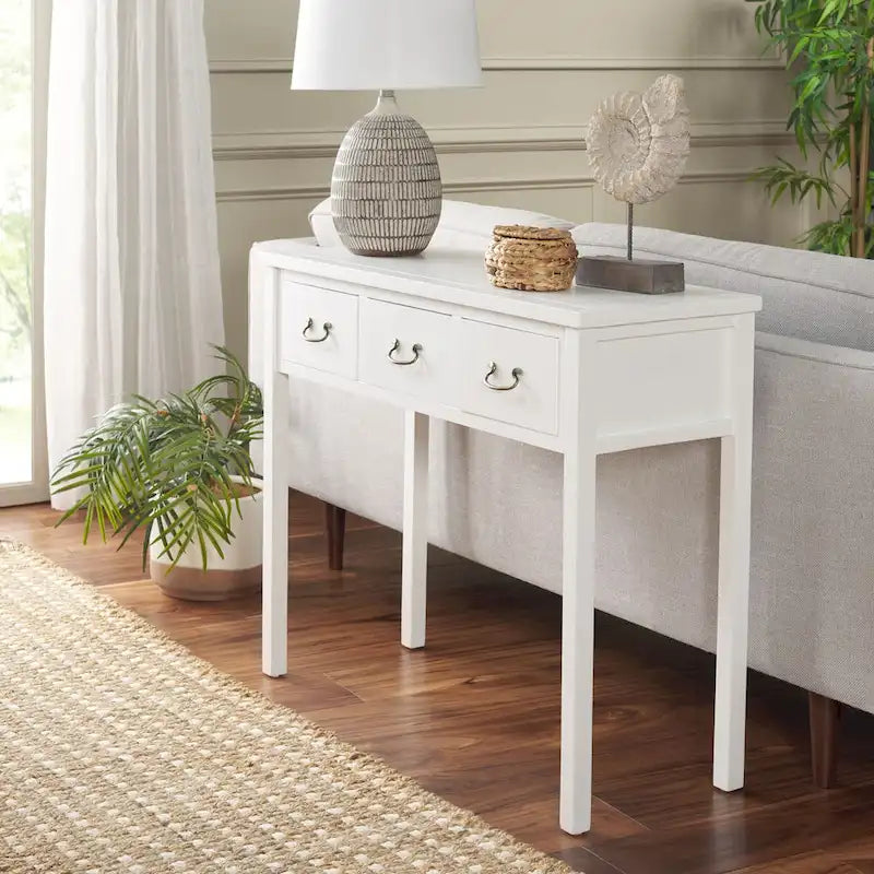 3-Drawer Elm Wood Console Table with Tapered Legs