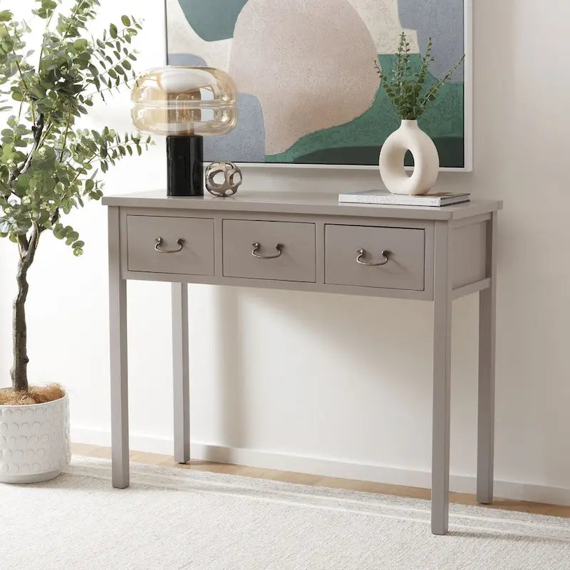 3-Drawer Elm Wood Console Table with Tapered Legs