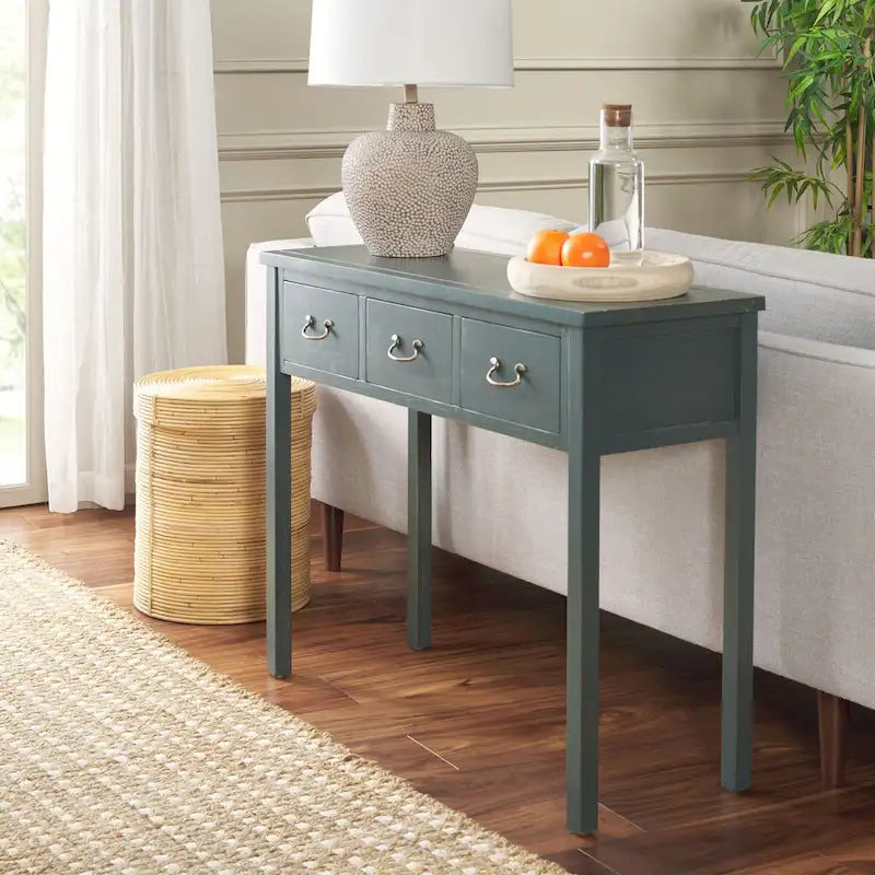3-Drawer Elm Wood Console Table with Tapered Legs