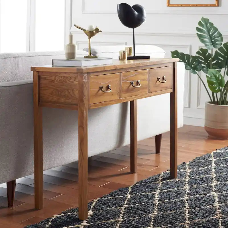 3-Drawer Elm Wood Console Table with Tapered Legs