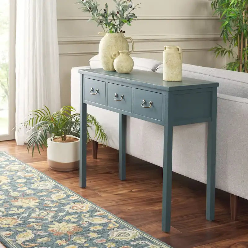 3-Drawer Elm Wood Console Table with Tapered Legs