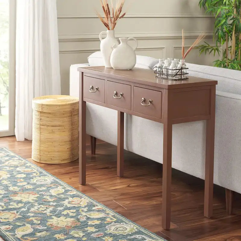3-Drawer Elm Wood Console Table with Tapered Legs