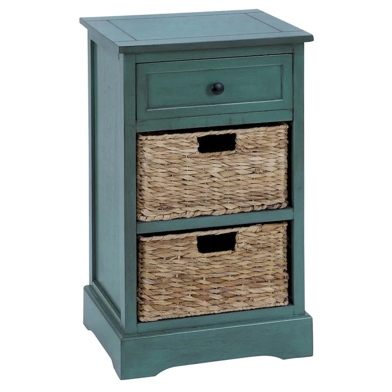 Wood Nightstand with 1 Drawer & 2 Rattan Storage Baskets - Contemporary Bedside Table