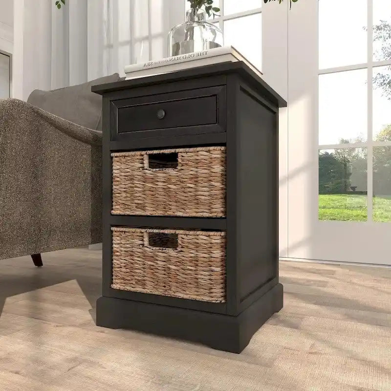 Wood Nightstand with 1 Drawer & 2 Rattan Storage Baskets - Contemporary Bedside Table