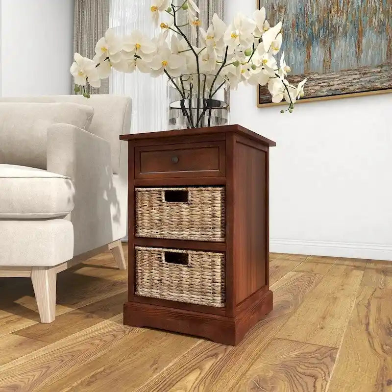 Wood Nightstand with 1 Drawer & 2 Rattan Storage Baskets - Contemporary Bedside Table
