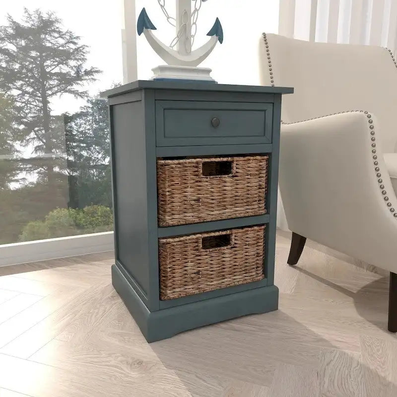 Wood Nightstand with 1 Drawer & 2 Rattan Storage Baskets - Contemporary Bedside Table