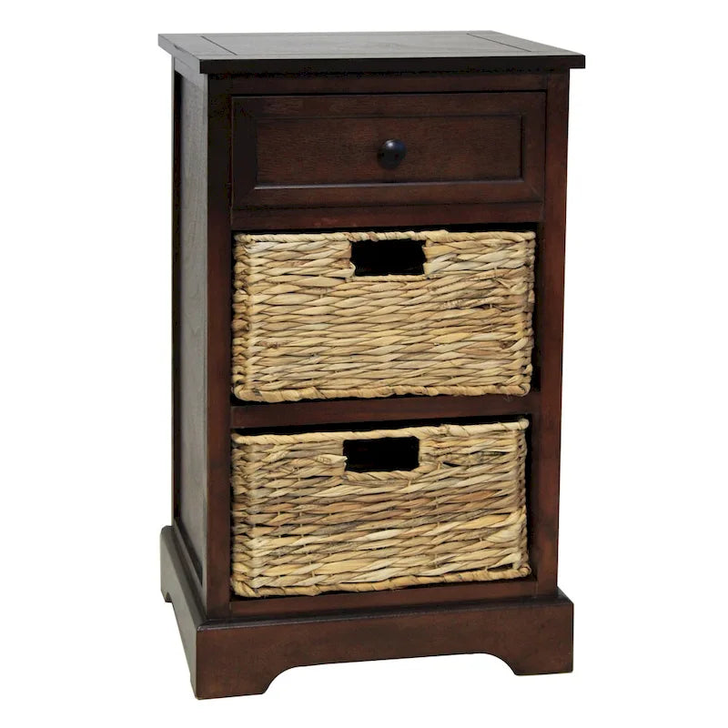 Wood Nightstand with 1 Drawer & 2 Rattan Storage Baskets - Contemporary Bedside Table