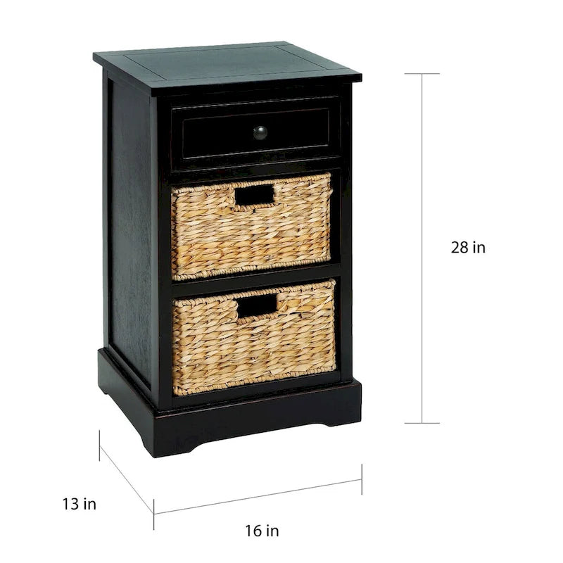 Wood Nightstand with 1 Drawer & 2 Rattan Storage Baskets - Contemporary Bedside Table