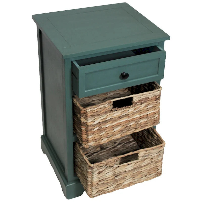 Wood Nightstand with 1 Drawer & 2 Rattan Storage Baskets - Contemporary Bedside Table