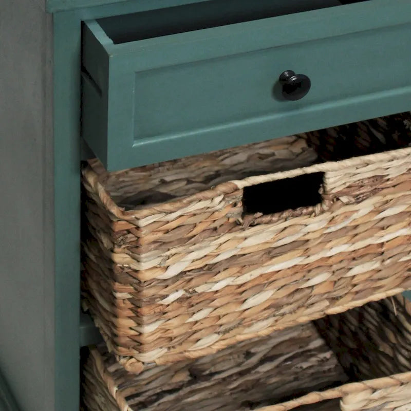 Wood Nightstand with 1 Drawer & 2 Rattan Storage Baskets - Contemporary Bedside Table