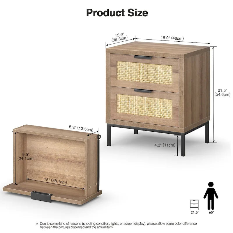 Farmhouse 2-Drawer Nightstand with Natural Rattan Front & Metal Legs