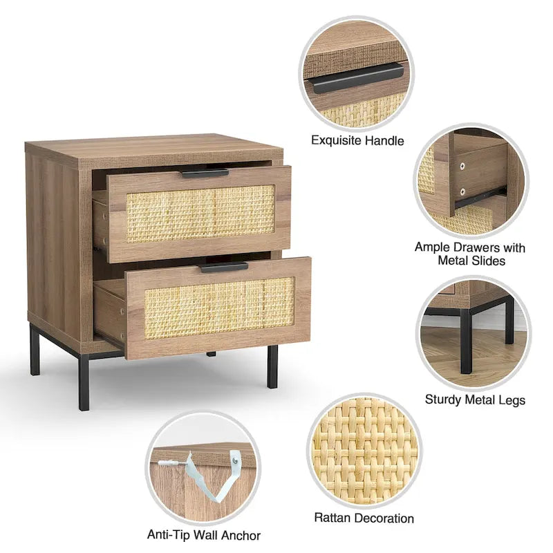 Farmhouse 2-Drawer Nightstand with Natural Rattan Front & Metal Legs