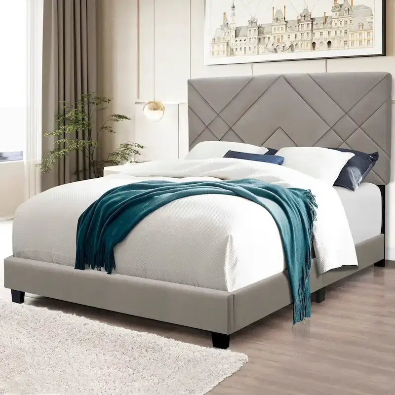 Queen Size Upholstered Platform Bed Frame - Stain-Resistant Fabric, 500 lbs Capacity