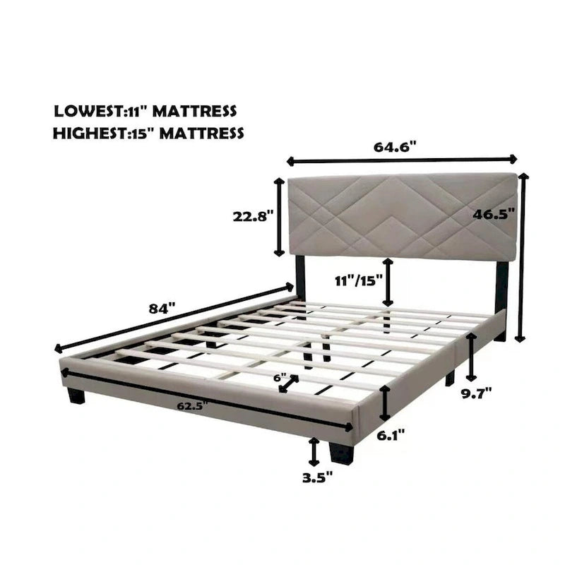 Queen Size Upholstered Platform Bed Frame - Stain-Resistant Fabric, 500 lbs Capacity