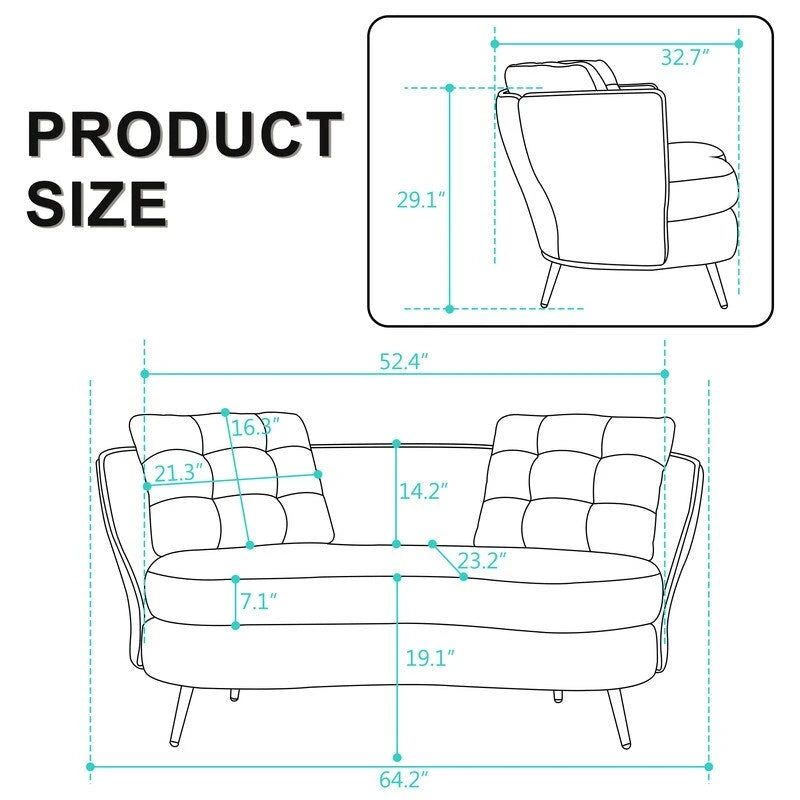 Velvet Loveseat Sofa with Gold Metal Legs — 64" Club Style