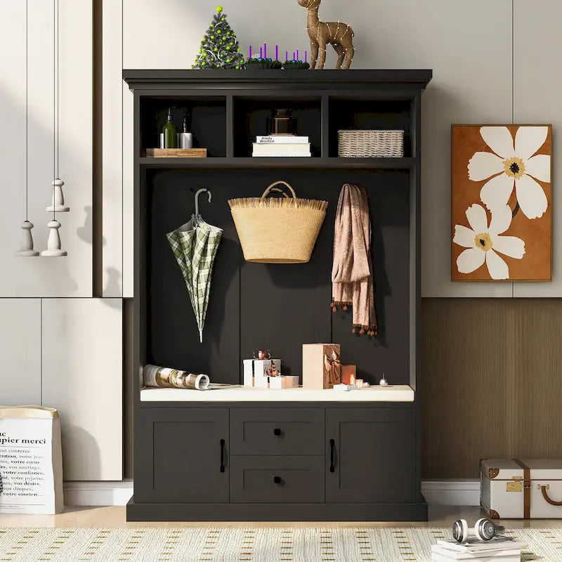 3-in-1 Entryway Hall Tree with Hooks, Open Cubbies, Cushioned Bench & Storage Drawers - 47.2" Wide