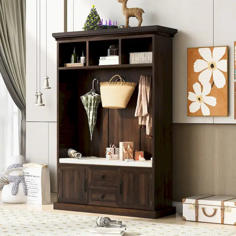 3-in-1 Entryway Hall Tree with Hooks, Open Cubbies, Cushioned Bench & Storage Drawers - 47.2" Wide