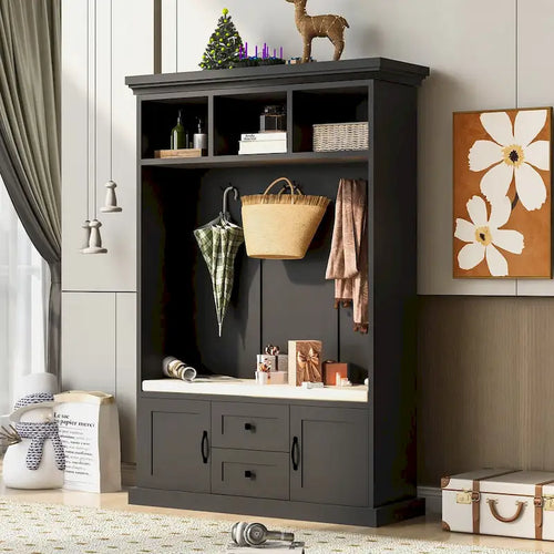3-in-1 Entryway Hall Tree with Hooks, Open Cubbies, Cushioned Bench & Storage Drawers - 47.2" Wide