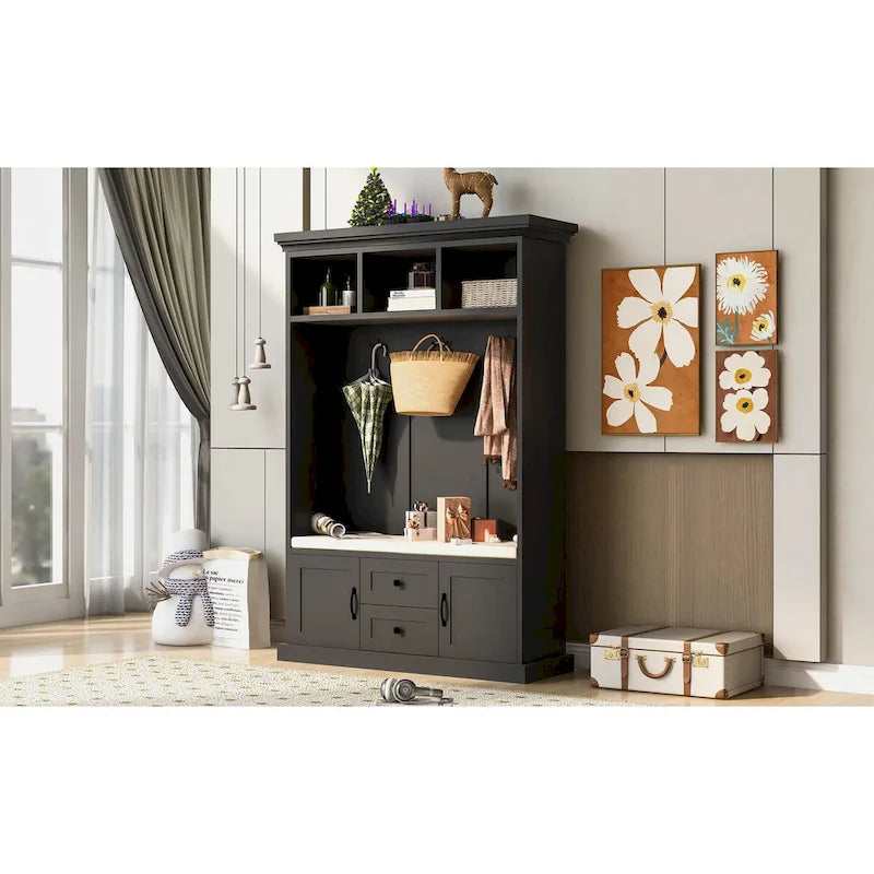 3-in-1 Entryway Hall Tree with Hooks, Open Cubbies, Cushioned Bench & Storage Drawers - 47.2" Wide