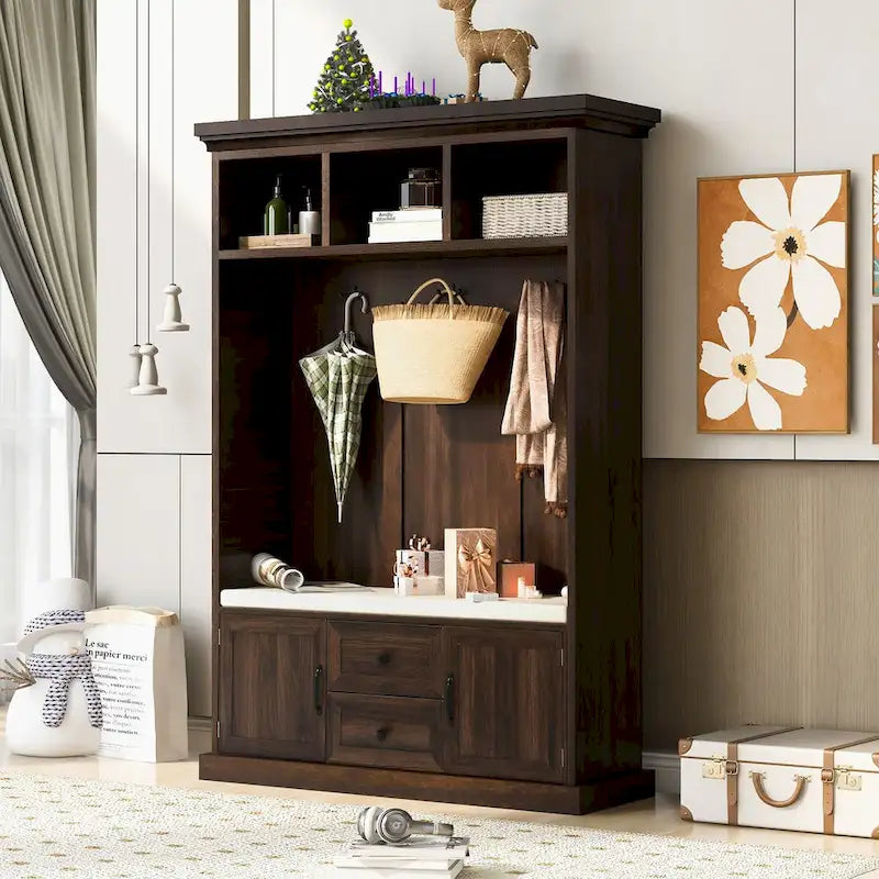 3-in-1 Entryway Hall Tree with Hooks, Open Cubbies, Cushioned Bench & Storage Drawers - 47.2" Wide
