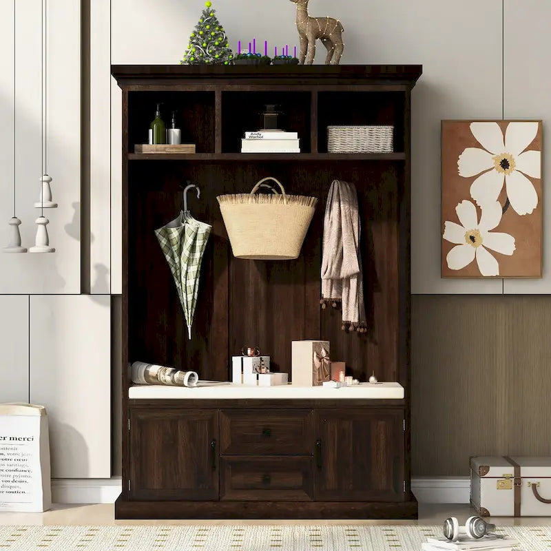 3-in-1 Entryway Hall Tree with Hooks, Open Cubbies, Cushioned Bench & Storage Drawers - 47.2" Wide