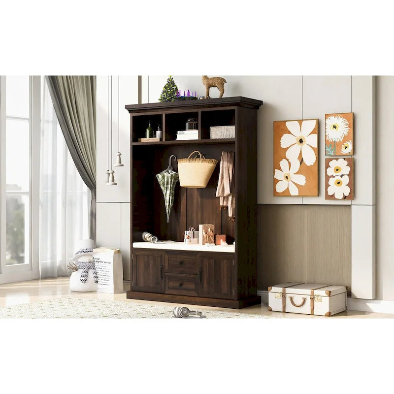 3-in-1 Entryway Hall Tree with Hooks, Open Cubbies, Cushioned Bench & Storage Drawers - 47.2" Wide