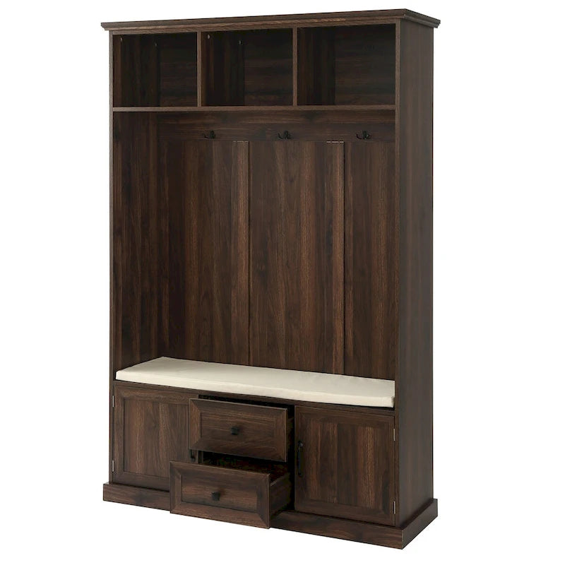 3-in-1 Entryway Hall Tree with Hooks, Open Cubbies, Cushioned Bench & Storage Drawers - 47.2" Wide