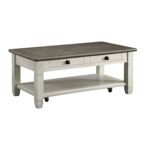 Rome 48 Inch Cocktail Coffee Table, 2 Drawers, White and Brown, Solid Wood