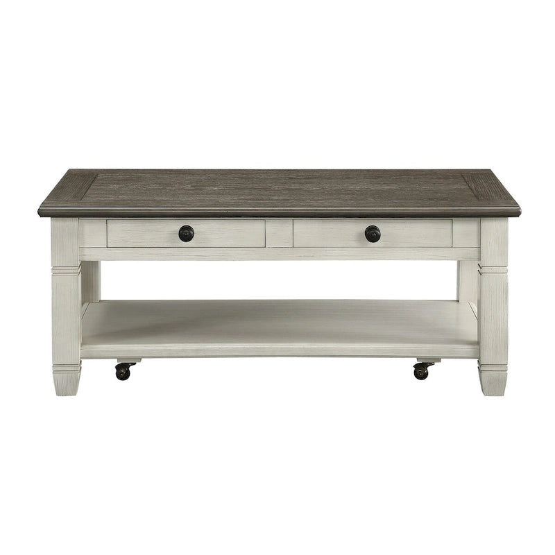 48" Solid Rubberwood Cocktail Coffee Table with Drawers and Lower Shelf